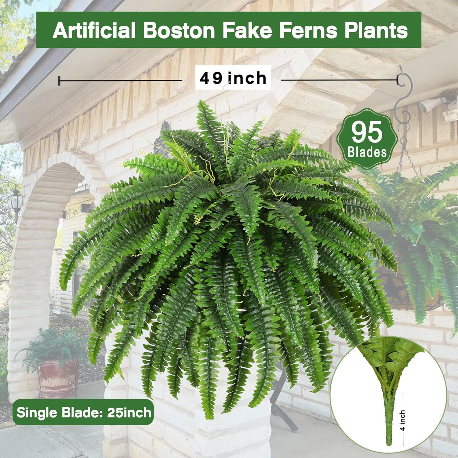 49″ Artificial Boston Fern, Outdoor Faux Plant | Uv-Resistant, 95 Fronds/Stem, E