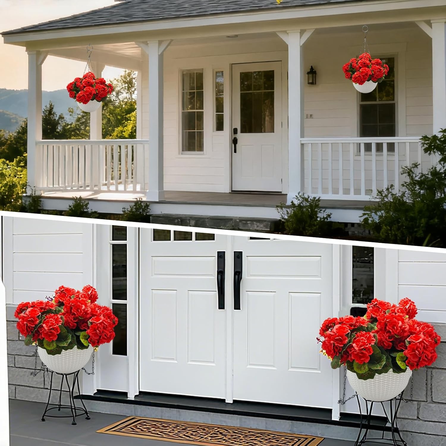 2Pcs Artificial Geranium Hanging Baskets Faux Flowers Indoor Outdoor Display