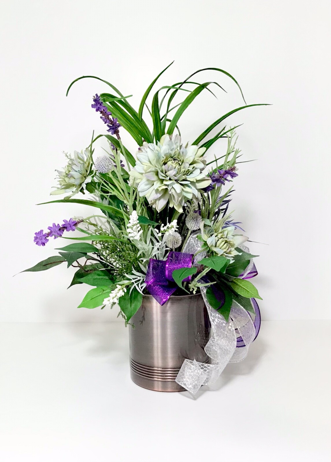 LARGE PURPLE GREEN FLORAL SPRING ARRANGEMENT BRONZE METAL CONTAINER CENTERPIECE
