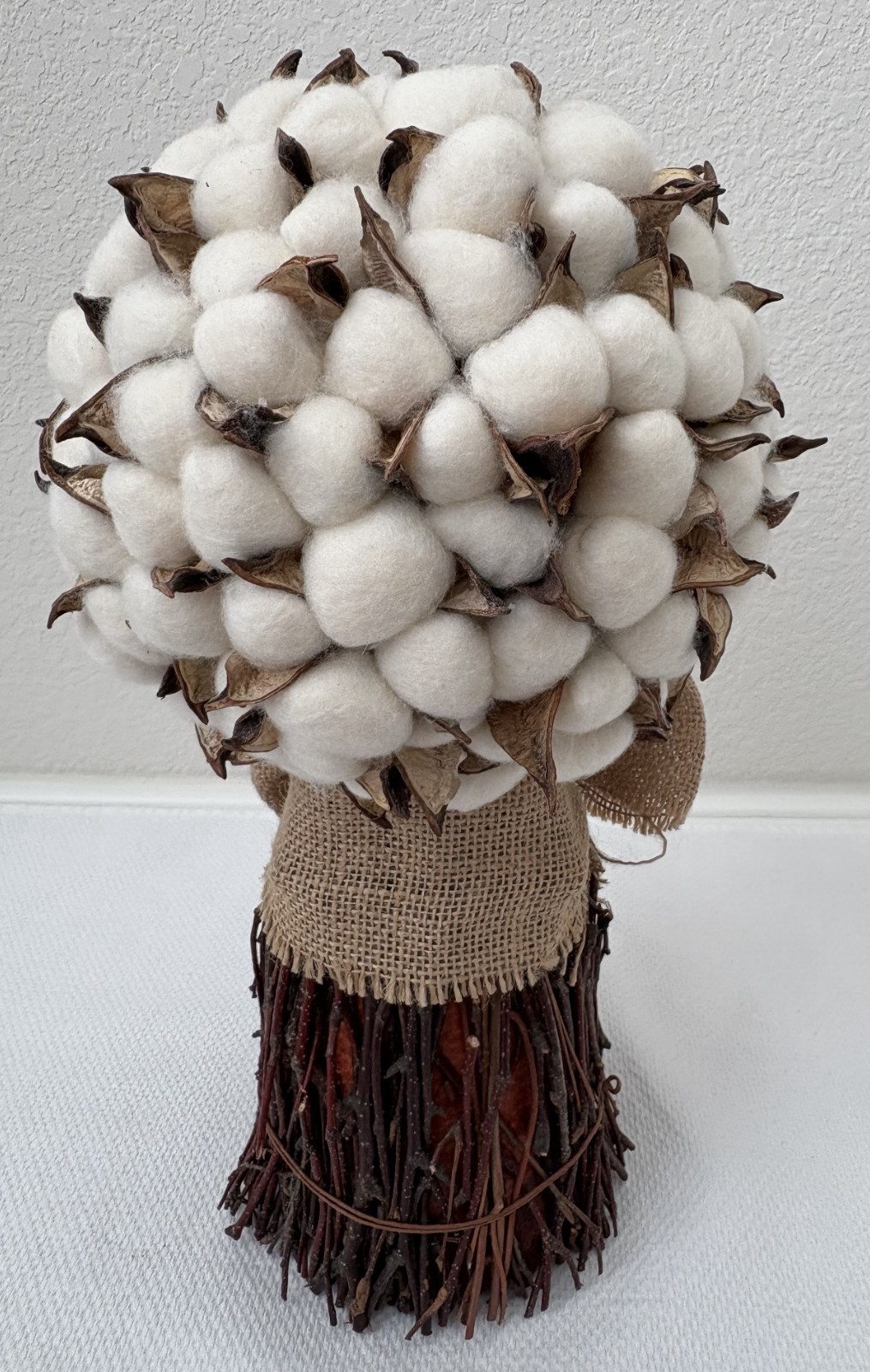 Cotton Stalk Bouquet Combined with Burlap Ribbon, Home Decor 13″x7″ (5″ at base)