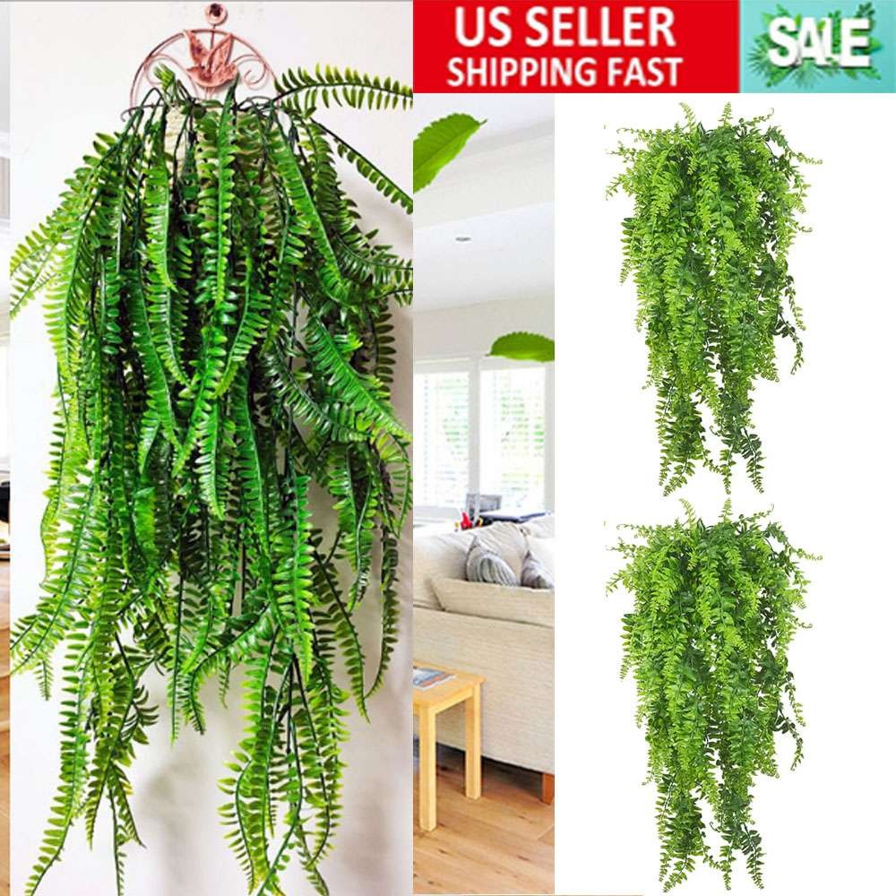 2x Artificial Ferns Rattan Fake Hanging Plant Vine In/Outdoor UV Resistant Decor
