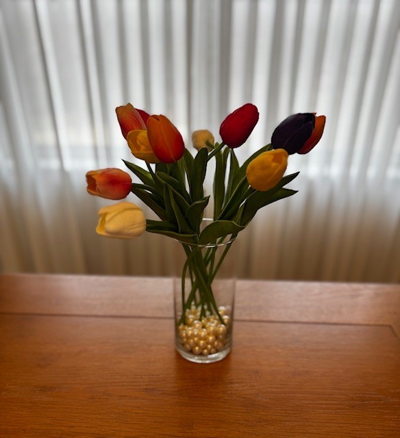 Silk Real Touch multicolor tulips in vase with faux pearls