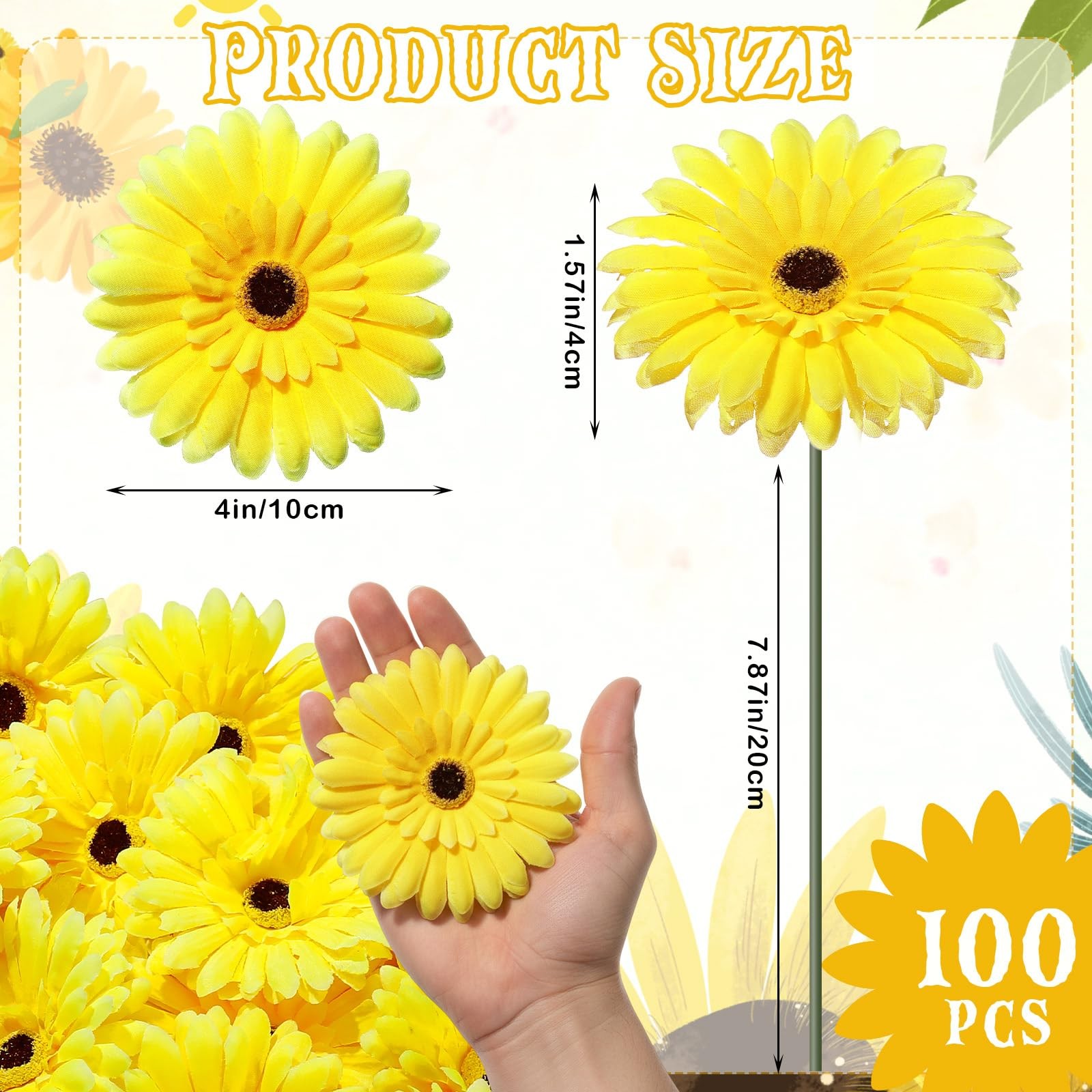 100 Pcs Flowers Long Stem Artificial Daisy, 4 Inches Silk Gerbera Head Flower…