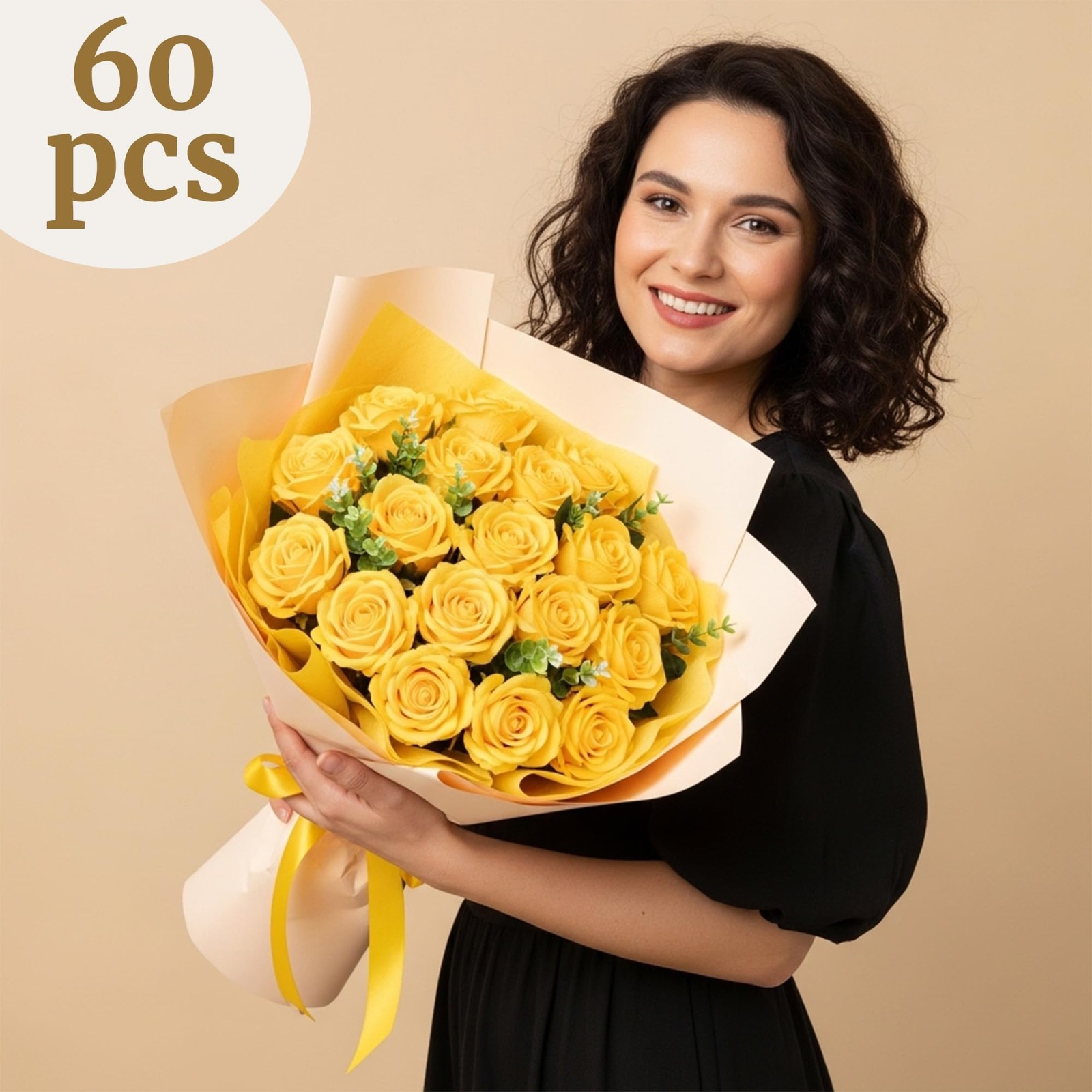 60 PCS Yellow Velvet Silk Fake Roses Bulk Realistic Flower Wedding Bouquet