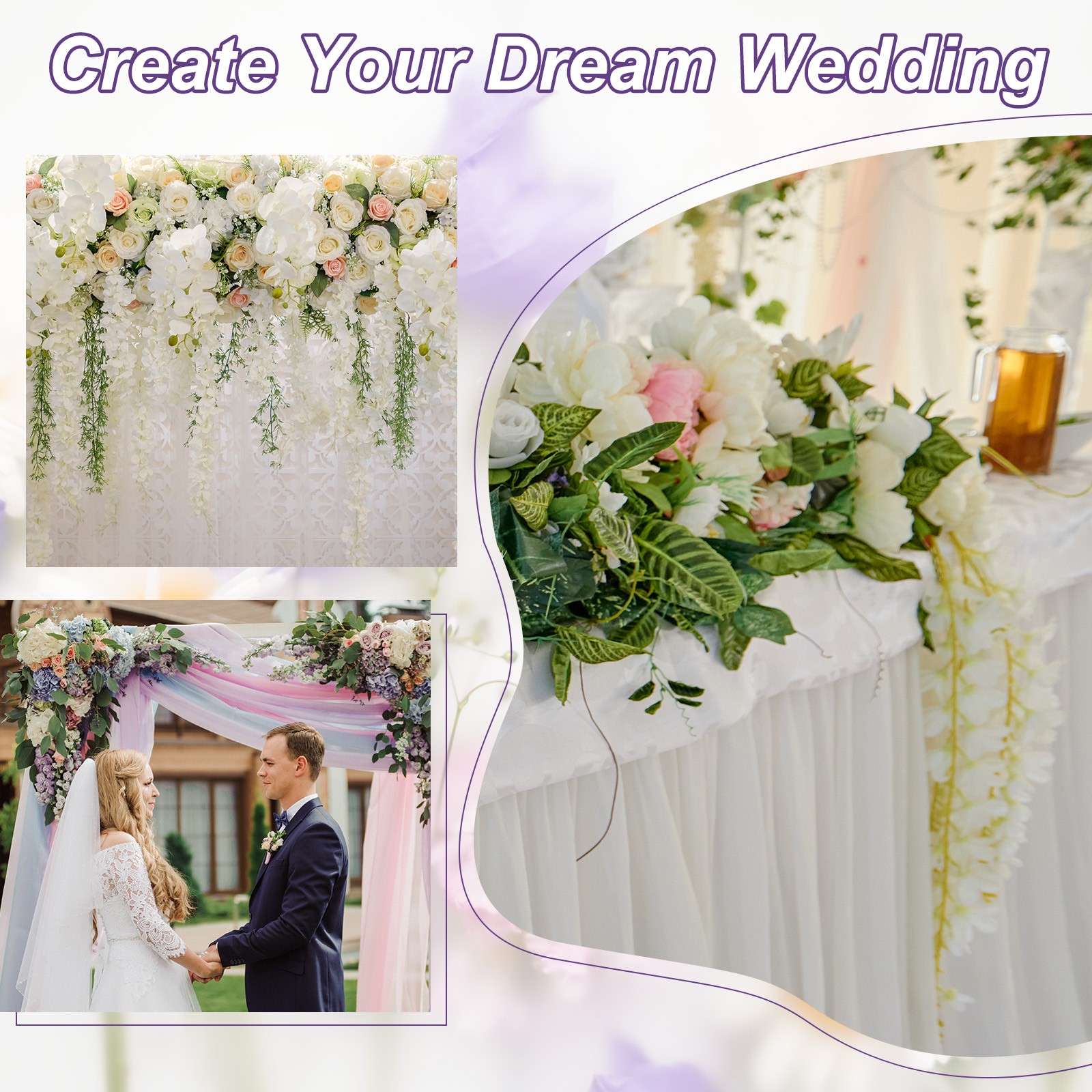 2 Pcs Artificial Wisteria Hanging Flower 3.9 ft Fake Hanging Floral Purple/White