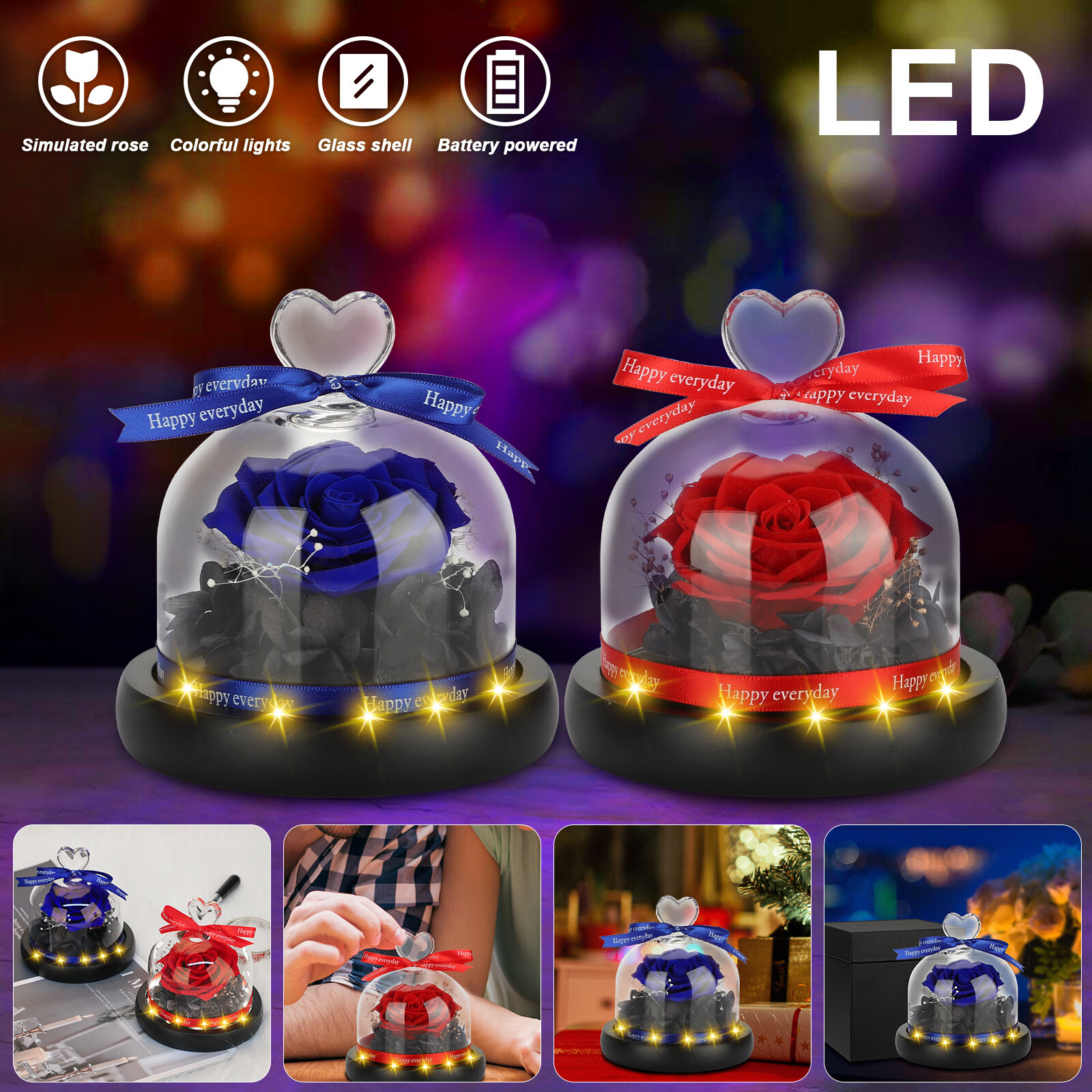 LED Eternal Forever Rose Flower Glass Dome Ring Lighted Christmas Preserved Gift