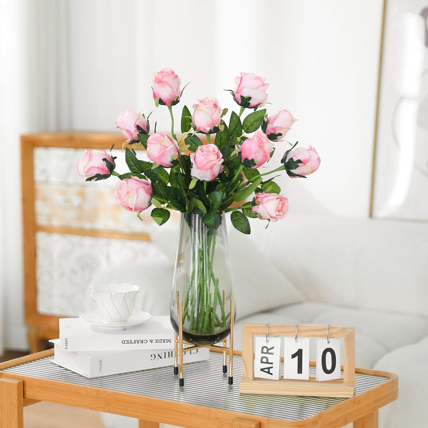 12Pcs Realistic Fake Light Pink Roses Faux Flowers with Long Stems