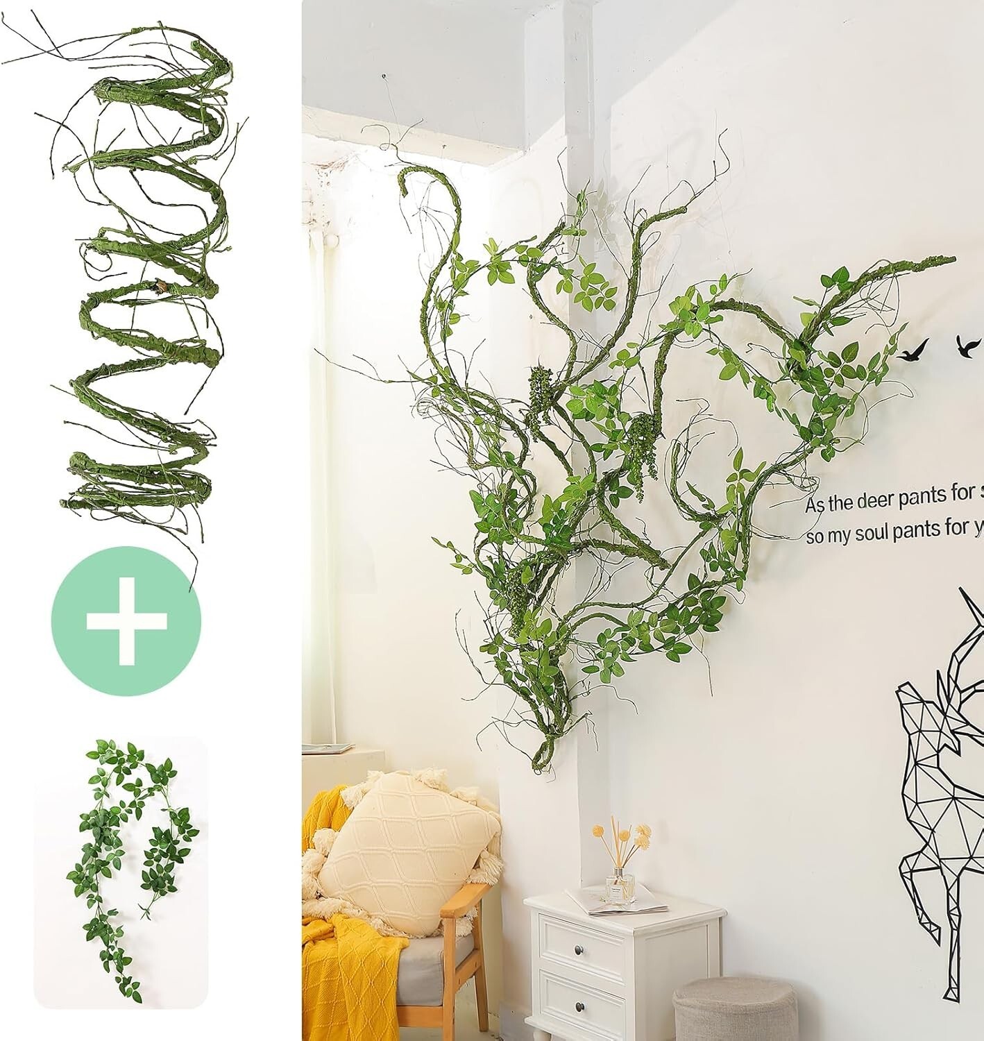 300cm/118inch Flexible Artificial Tree Branches Fake Tree Trunk Small Green
