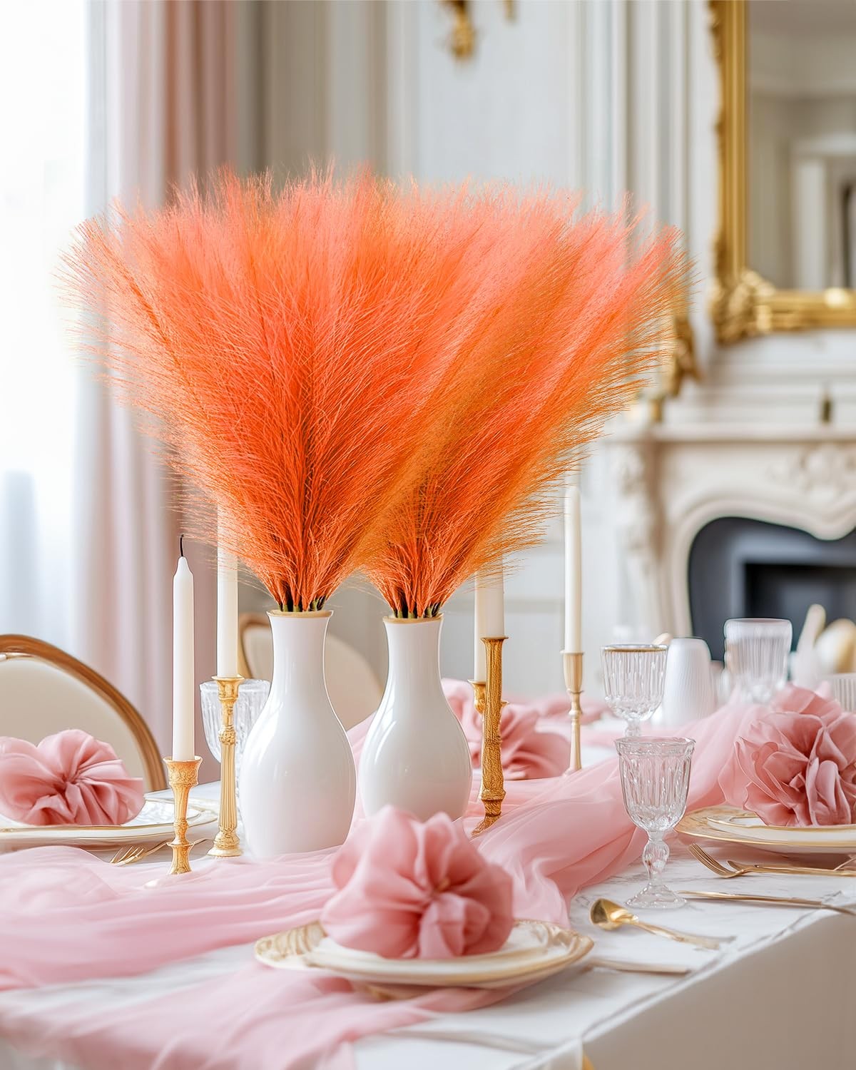 30pcs Orange Faux Pampas Grass Decor, 17.7inch Short Artificial Pompous Grass…