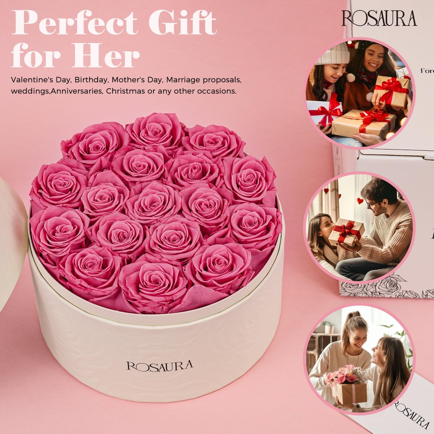 17 PCS Pink Round Preserved Roses Gift Box Floral Decor Valentines Mothers