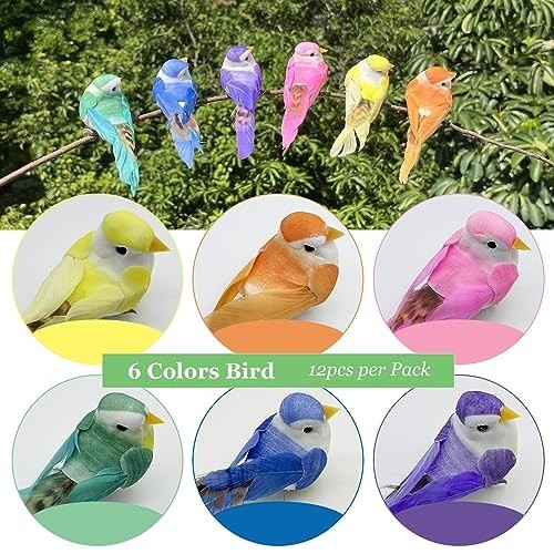 12pcs Clip on Artificial Foam Feather Birds 3.5in Mini Assorted Colors Craft