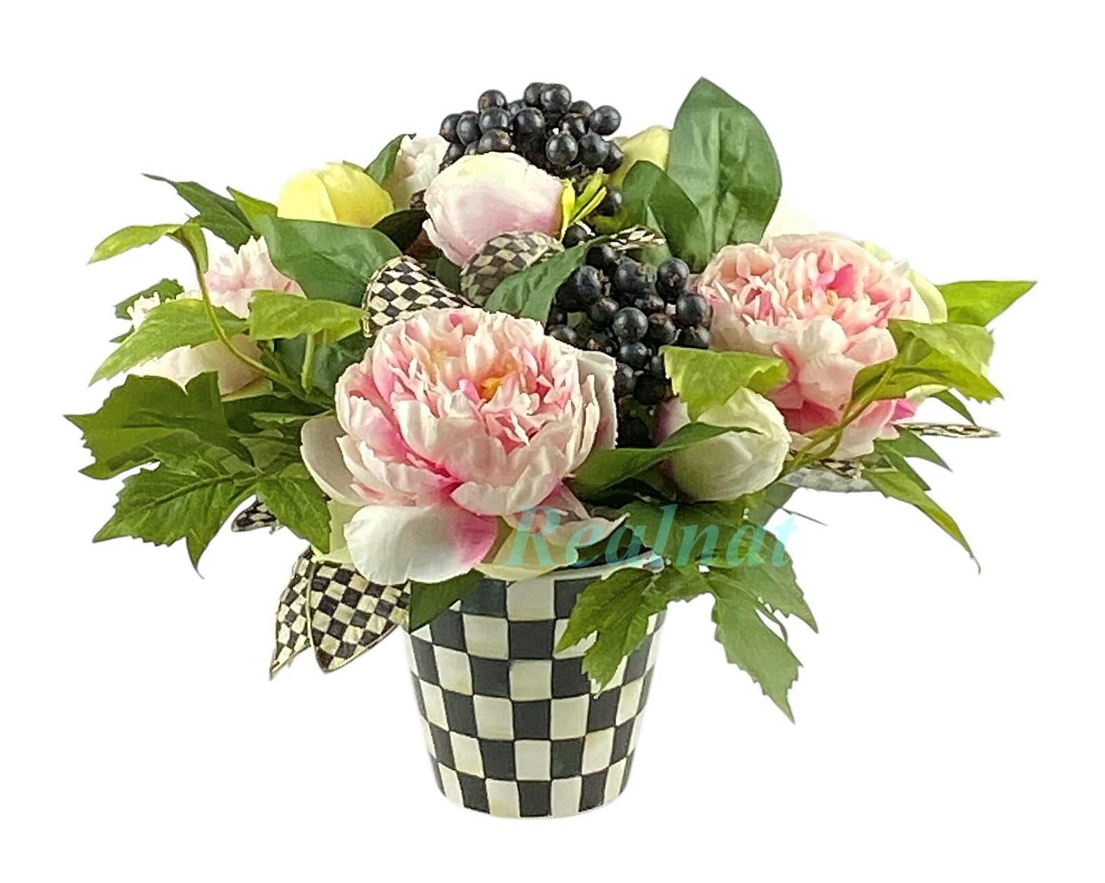 MacKenzie-Childs PEONY ARRANGEMENT COURTLY CHECK POT & LEAVES 11″ NEW NO BOX