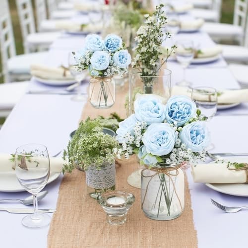 12 Sets Mason Jar Centerpiece Decor, Faux Peony & Baby’s Breath Bouquets, Rustic