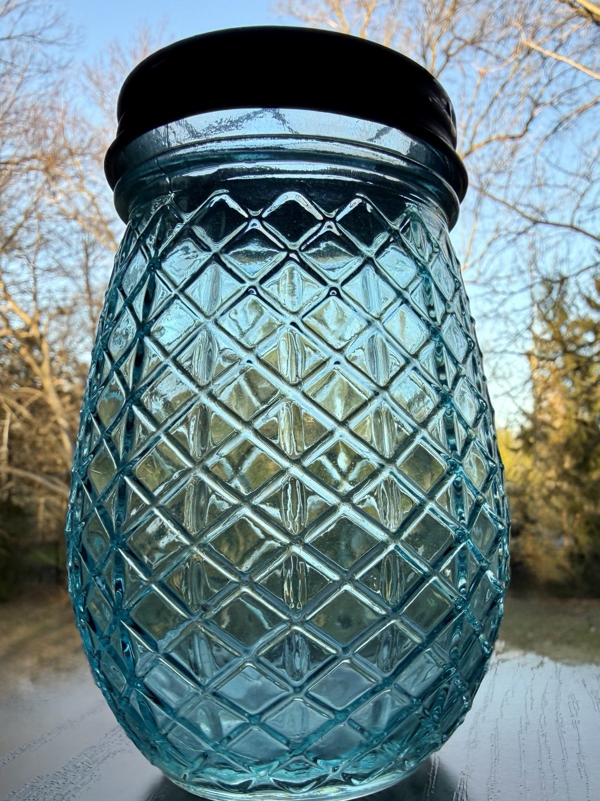 Vintage Style Blue Glass Flower Jar with Galvanized Floral Grid Lid, 5.4″