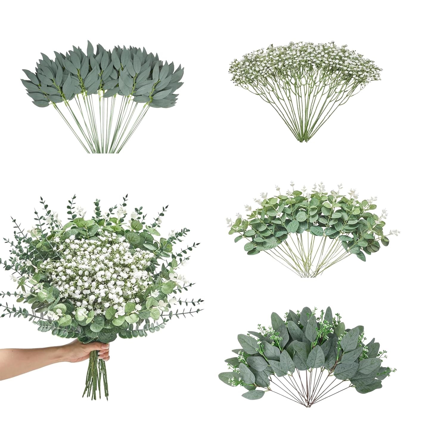 150 Pcs 4 Kinds Mixed Eucalyptus Greenery Stems, Baby Breath Flowers Artifici…