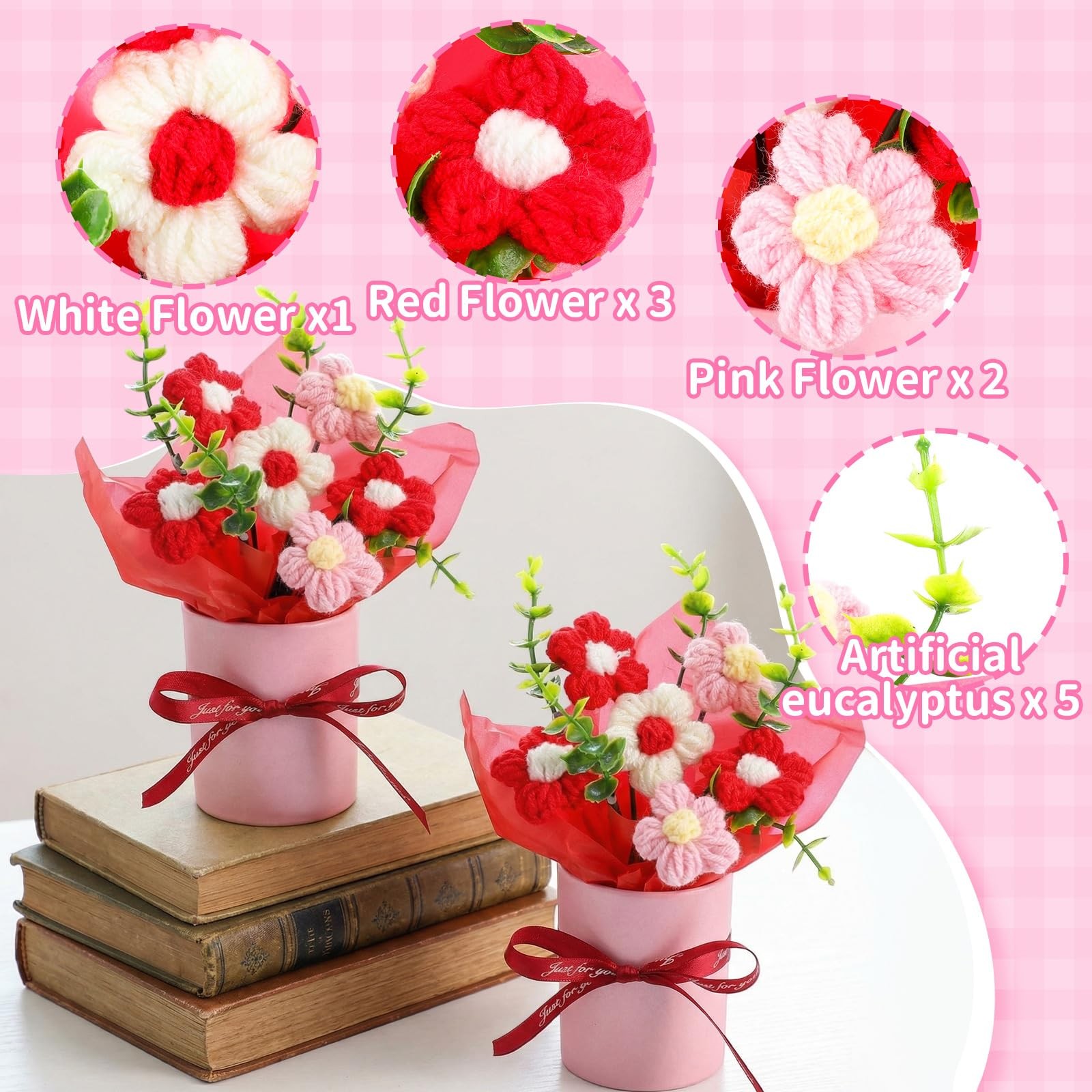 6 PCS 4.7×5.9 Inch Red Crochet Puff Flowers Potted Plant Knitted Bouquet Desk