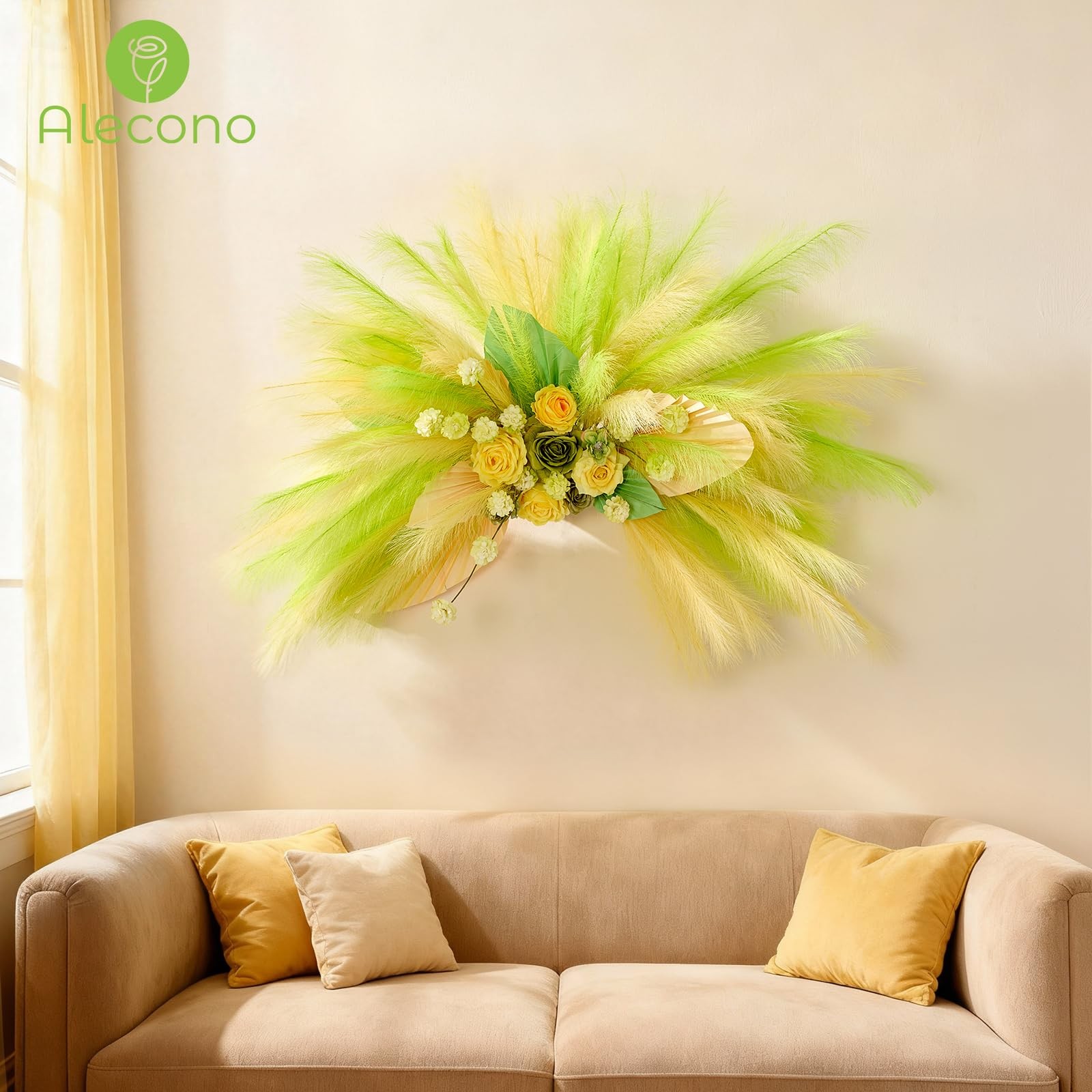 Pampas Grass 17in 𝟯𝟬𝙋𝙘𝙨, Yellow and Green Artificial Faux Fluffy Pampas …