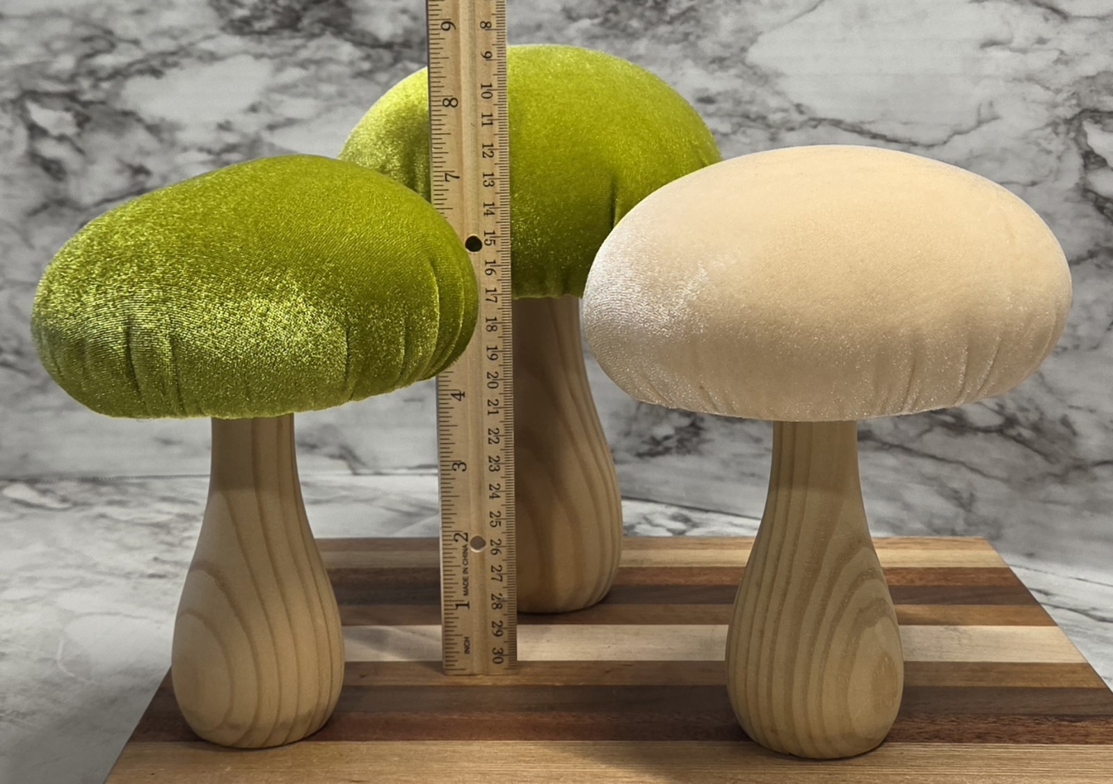 Mushrooms Set Of 3 Cream Green Wood & Velvet 2 Sizes Spring Summer Decor…