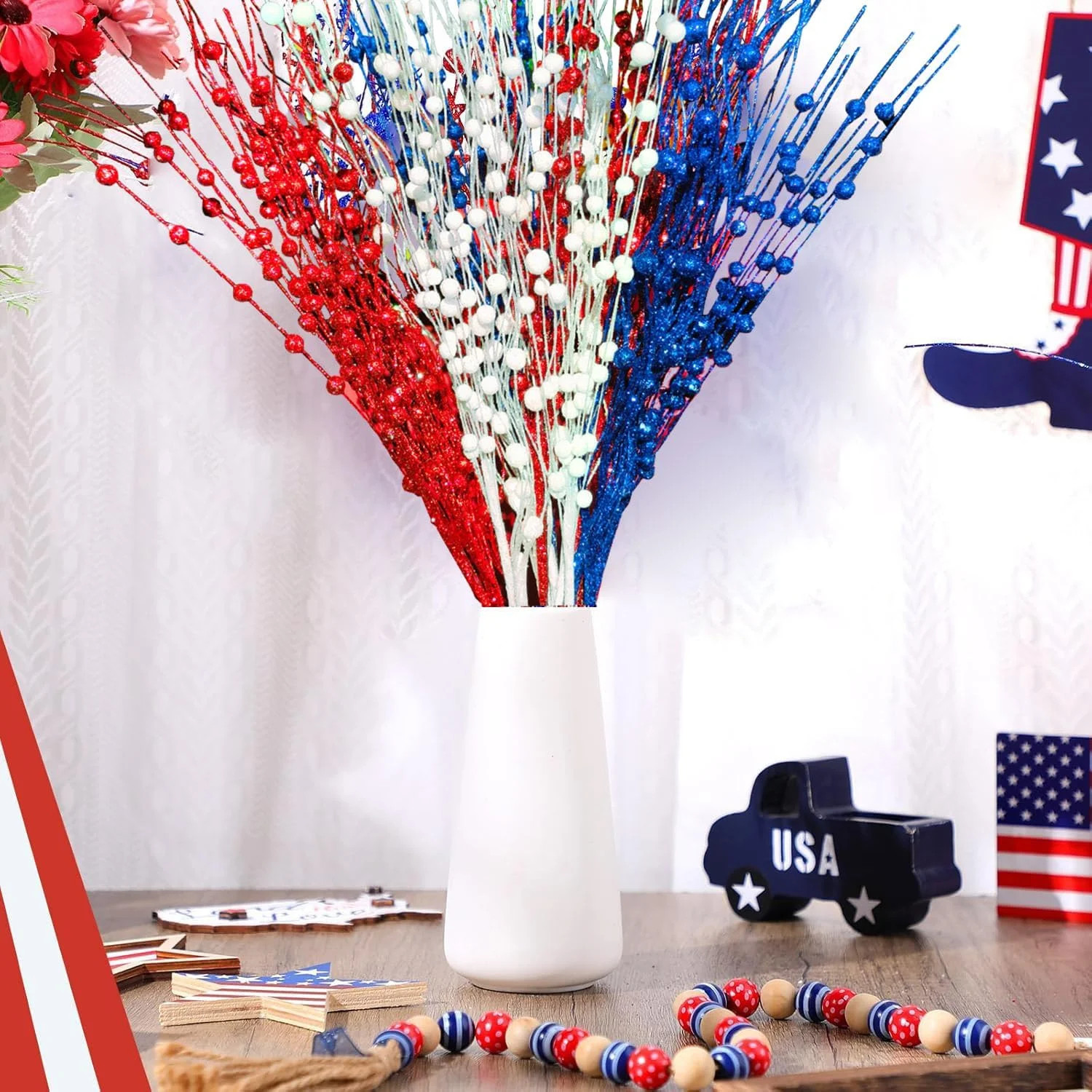 12 Pcs Artificial Patriotic Berry Stem Picks 4th of July White Blue Red Star Pic