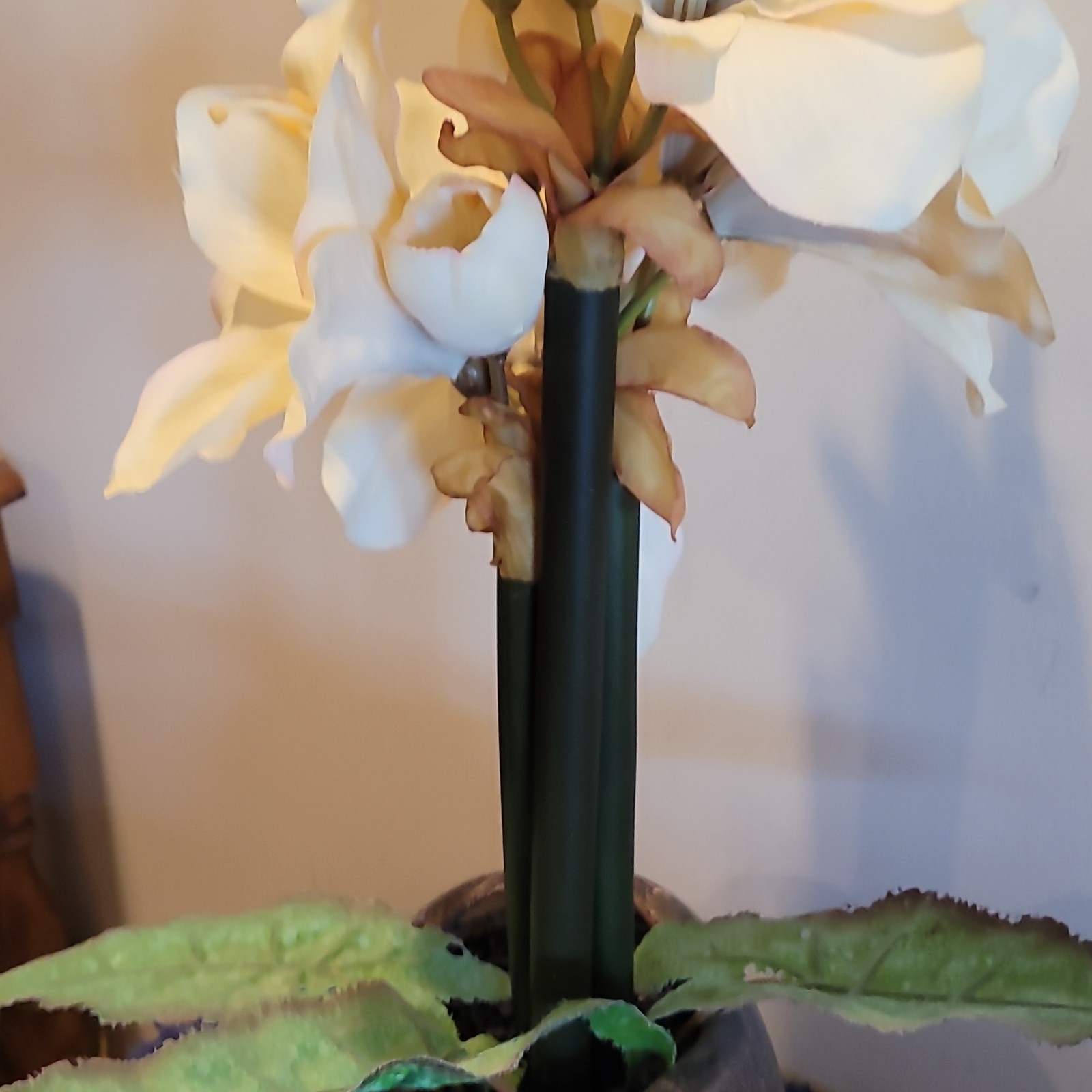 Artificial White Amaryllis Flower Arrangement in Brown Vase, Plastic