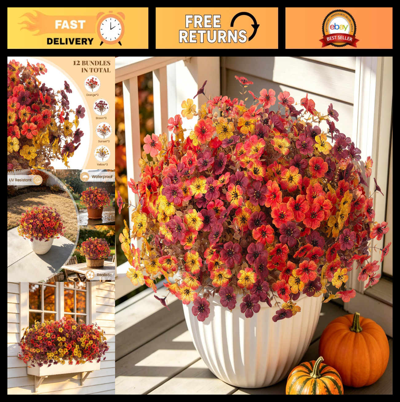 12PCS UV Resistant Fake Fall Mums Flowers – Realistic Faux Silk for Outdoor Deco