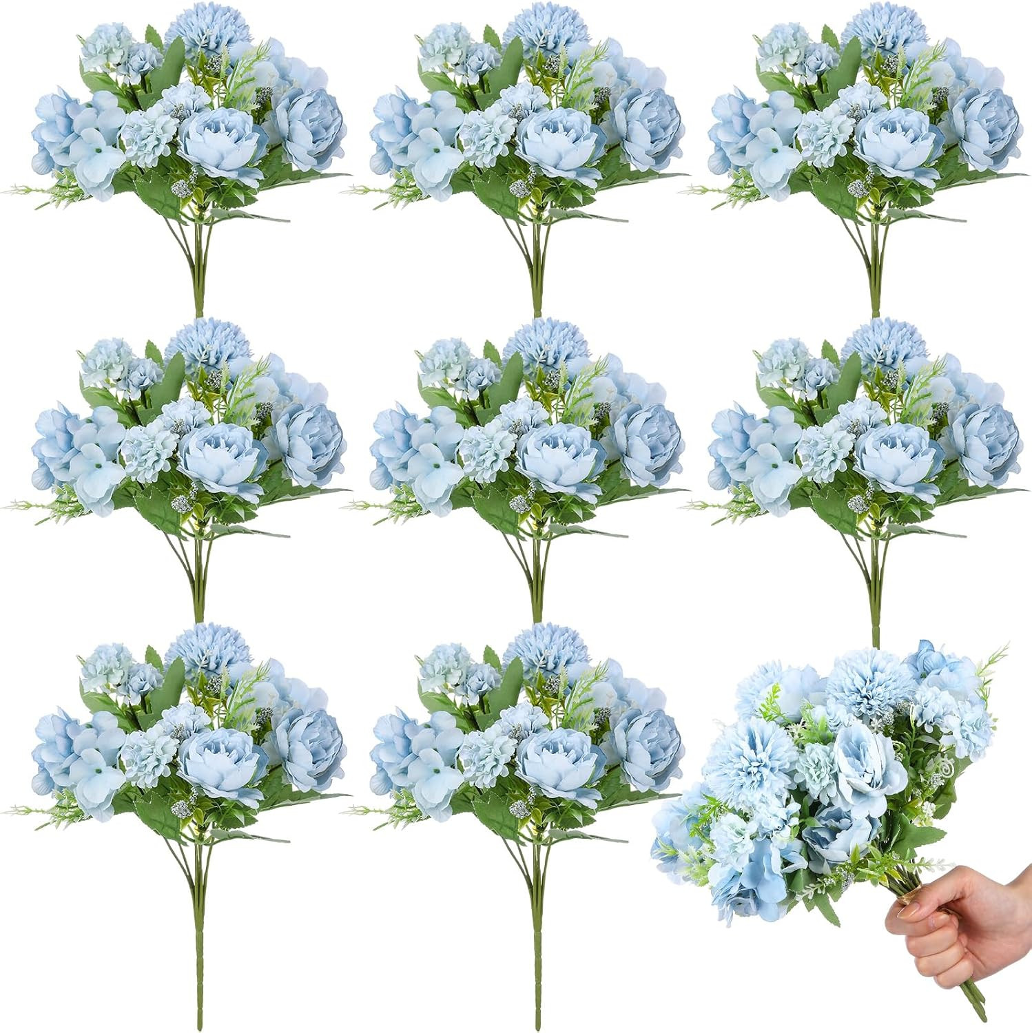 Realistic Silk Peony Hydrangea Bouquet – 8 Pcs Blue Faux Flowers for Decor