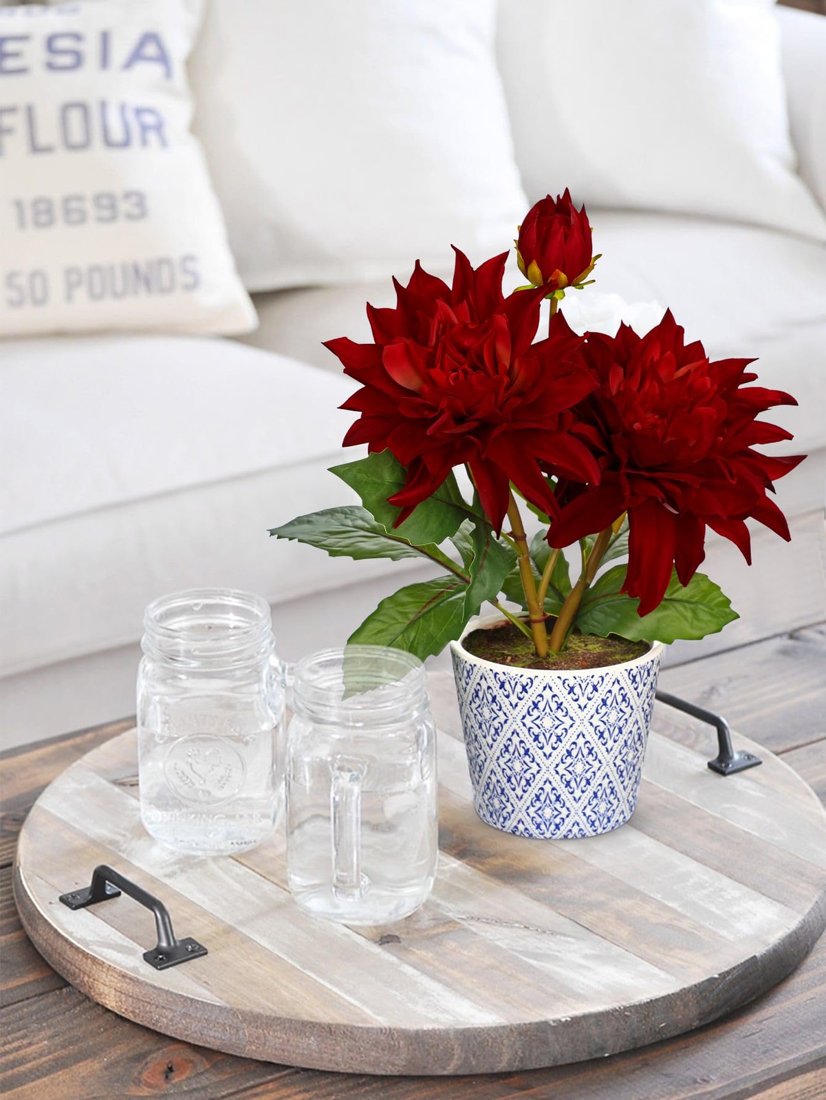 Artificial Dahlia Fall Flower in Blue and White Ceramic Pot – 13.8″ Silk Dahl…