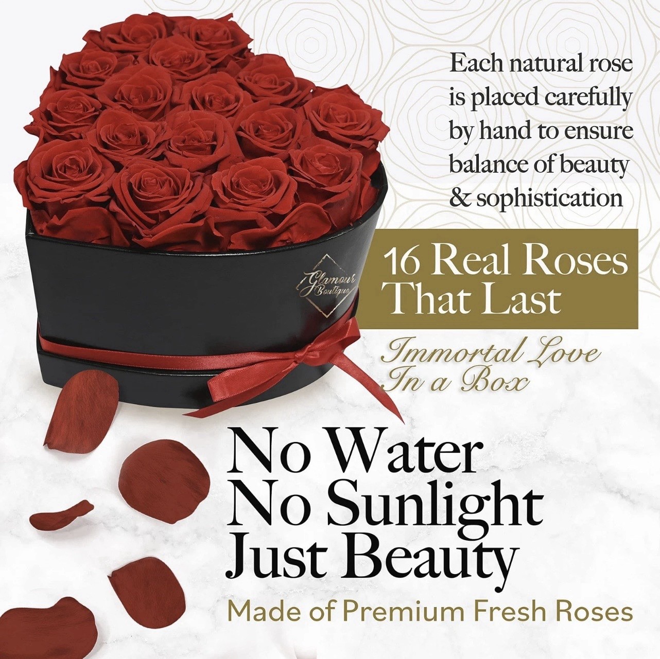 GLAMOUR BOUTIQUE 16 Forever Flower Heart Shape Box – Preserved Roses, Immortal R