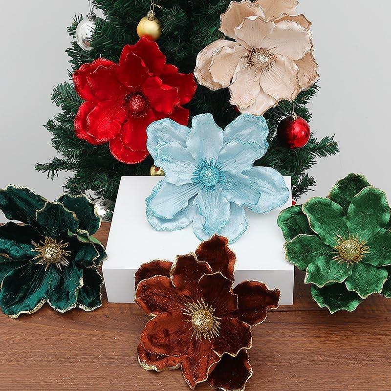 6PCS Christmas Flower Tree Ornament Glitter Artificial Magnolia Flowers Velve…