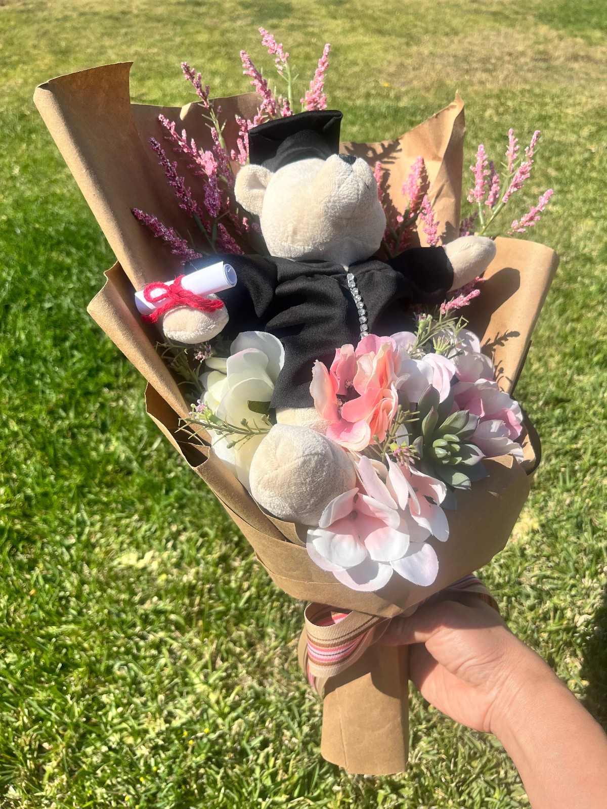 Hand Made Graduation Plush Bear Pink Artificial Flower Bouquet & Matching Ribbon