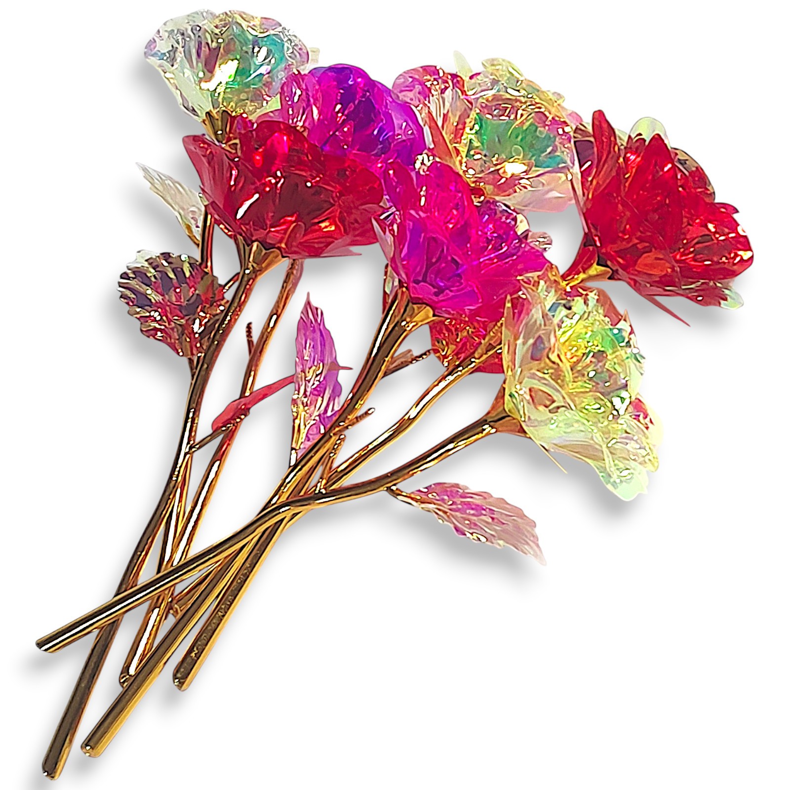 7pc Gold Stem Foil Enchanted Multicolor Flower Galaxy Rose Yellow Red Pink
