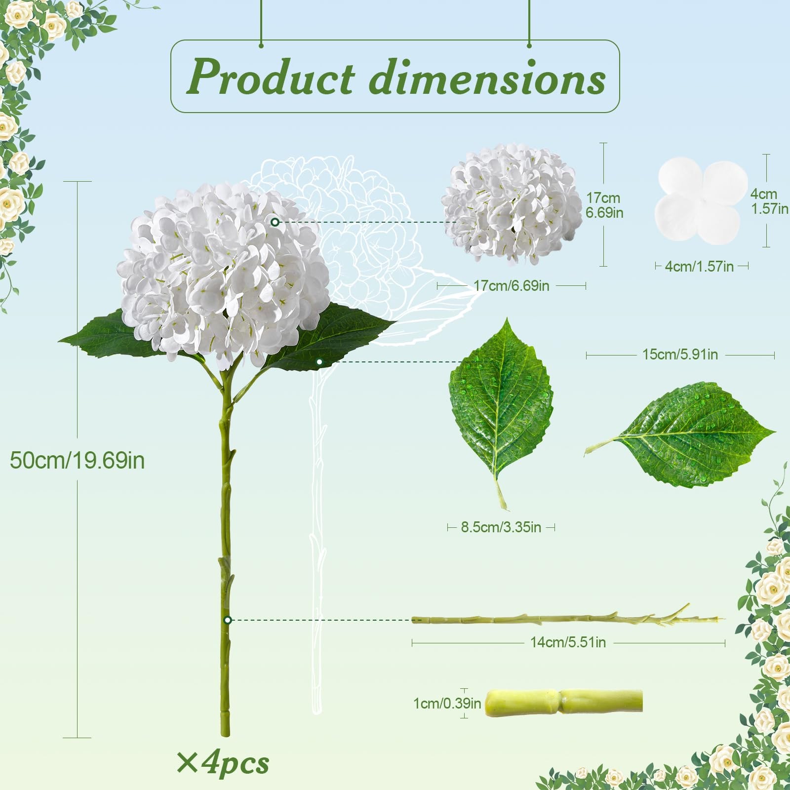 4 Pcs Artificial Hydrangea Silk Flowers with Stems, 19.7″ White Faux Hydrange…