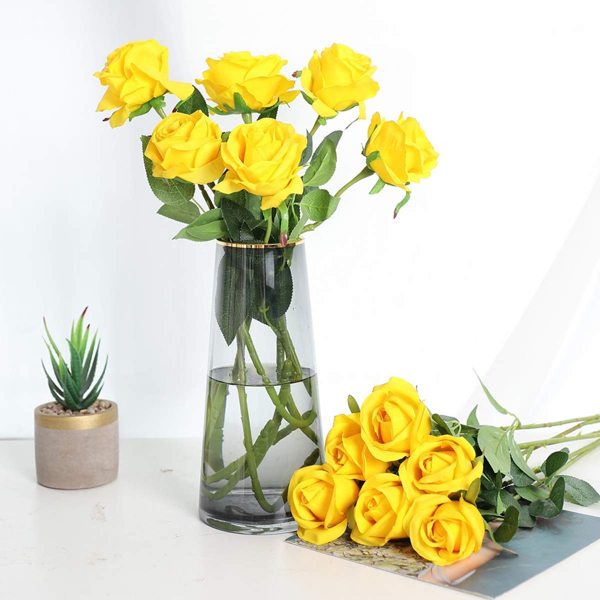 12 Artificial Silk Flowers 6 Blooming Roses 6 Buds Elegant Home Decor