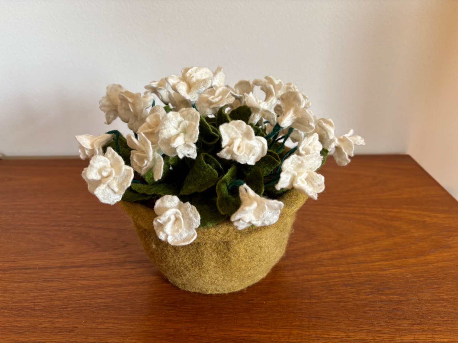 Handmade Hand Felted White Wool Flowers in a Pot for Decoration