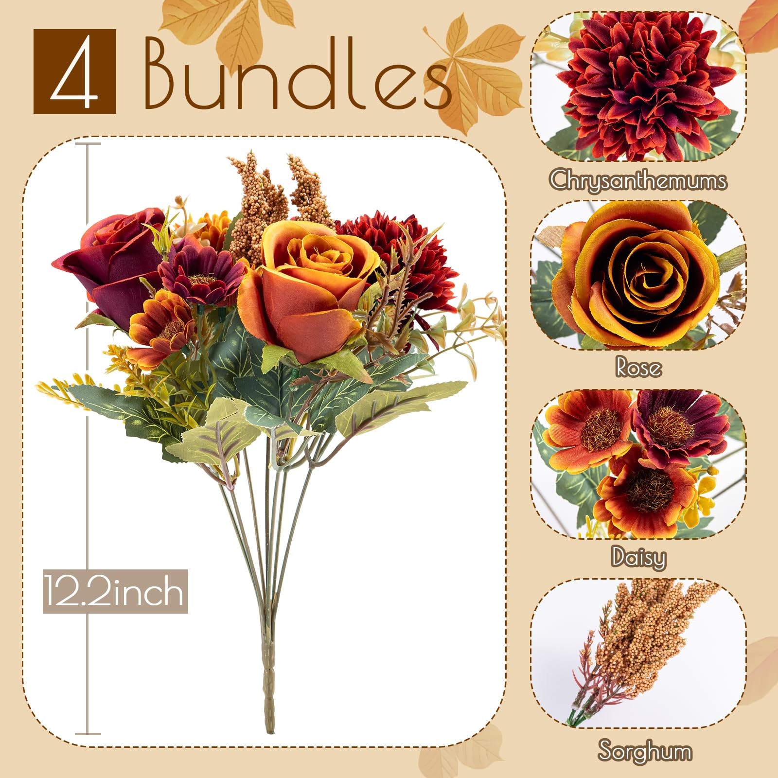 4 PCS Fall Silk Artificial Flowers Rose Bouquet Wedding Centerpiece Decor