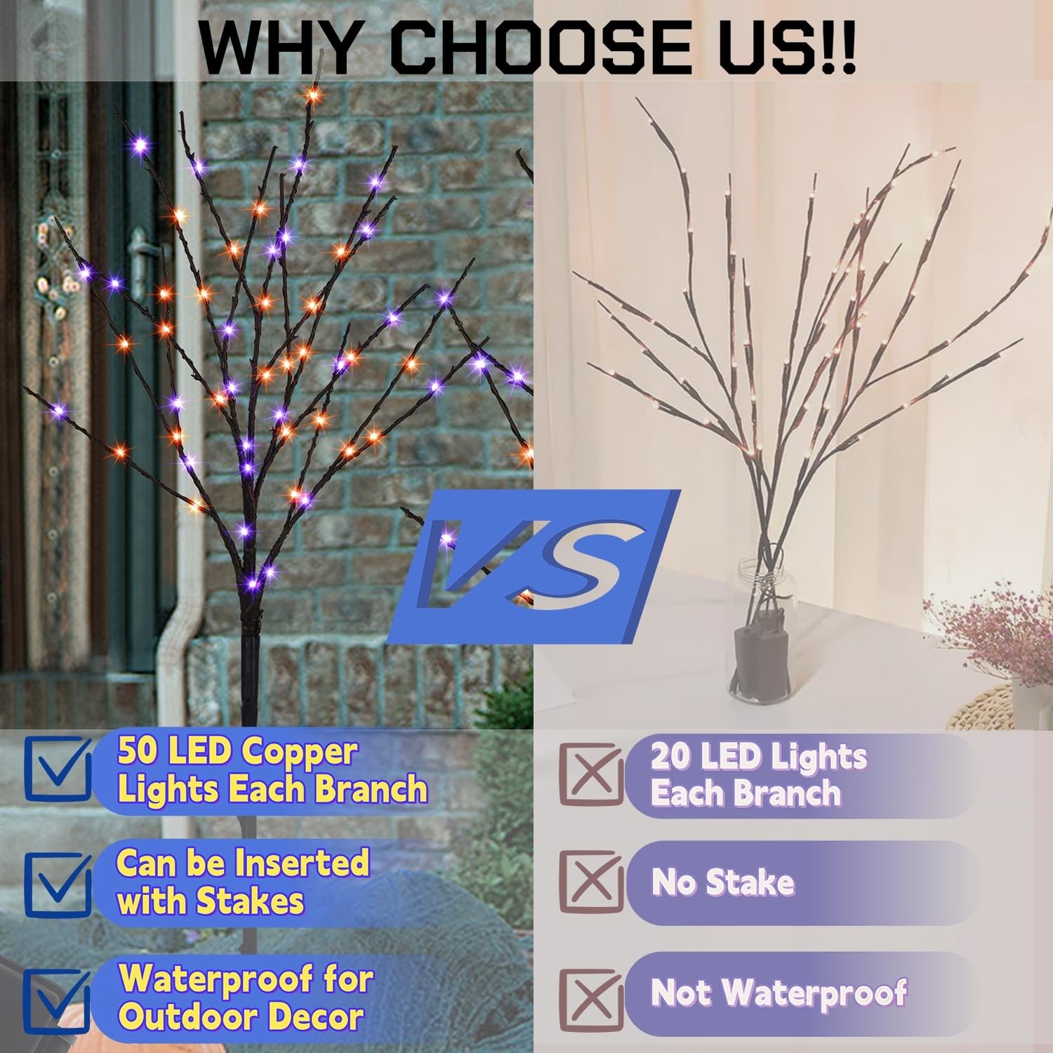 Lighted Halloween Tree Branches, 30IN 100LED Artificial Black Twig Branch wit…