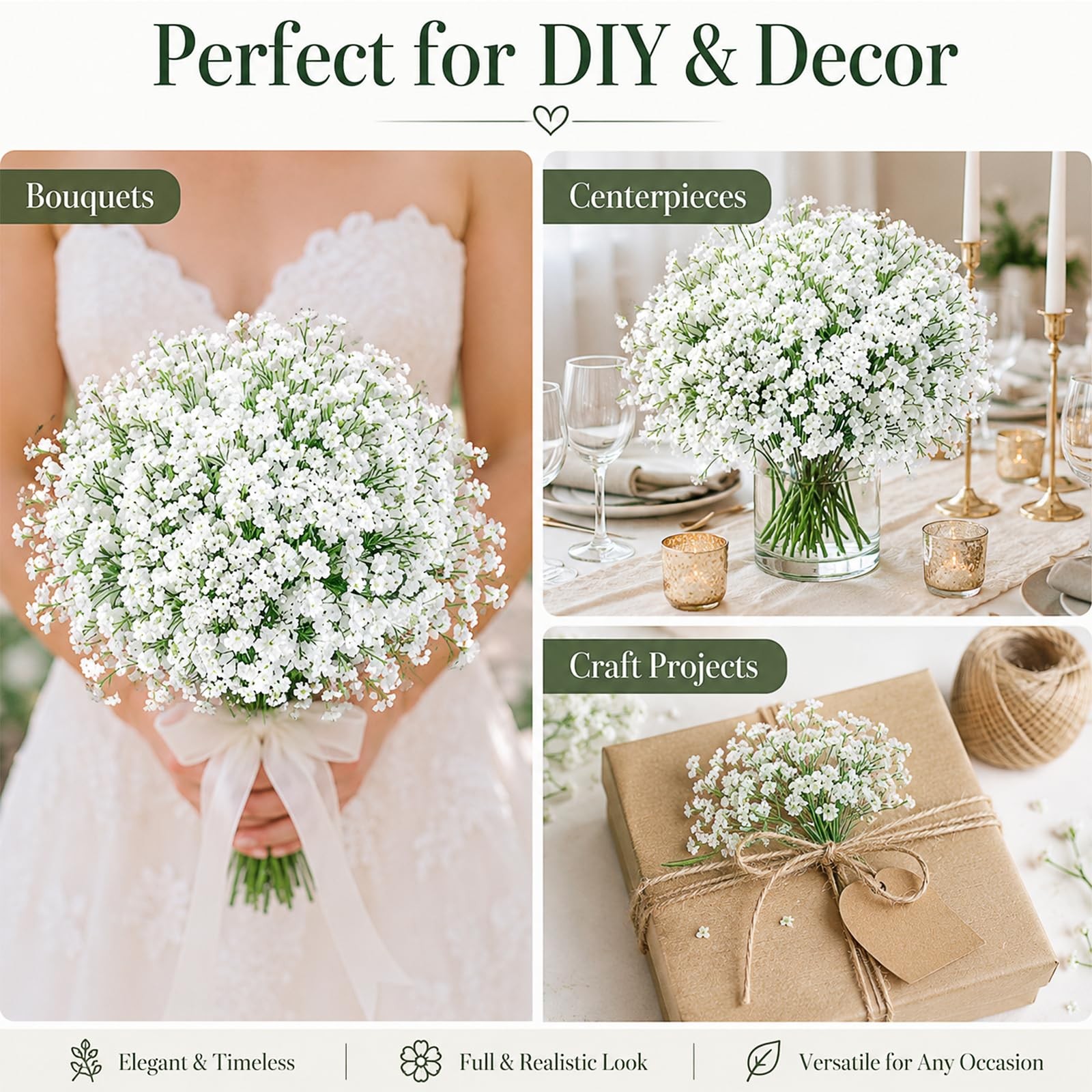 100 Pcs Baby’s Breath Artificial Flowers Bulk, White Real Touch Gypsophila Fa…