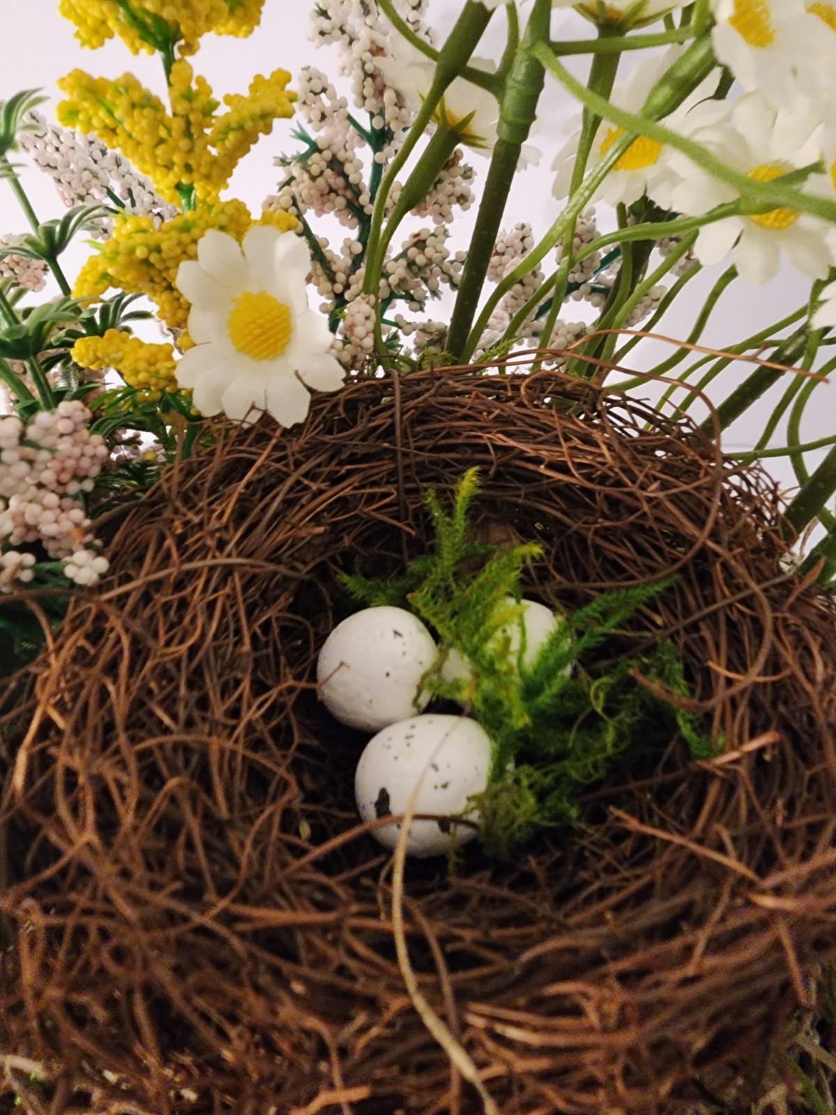 Artificial Bird Floral Arrangement In Crackled Apple Basket Summer Accent Piece