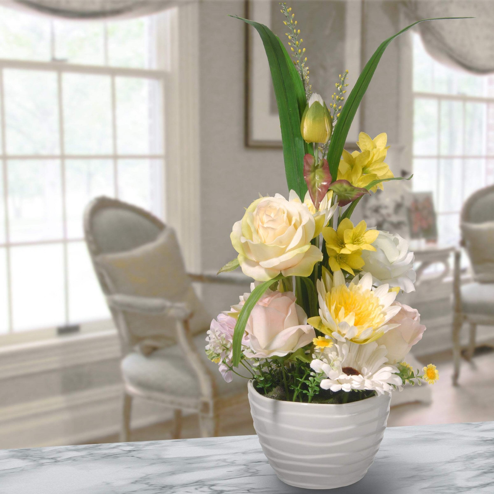 17 in. Spring White Daises and Roses Flower Pot with Leafy Greens