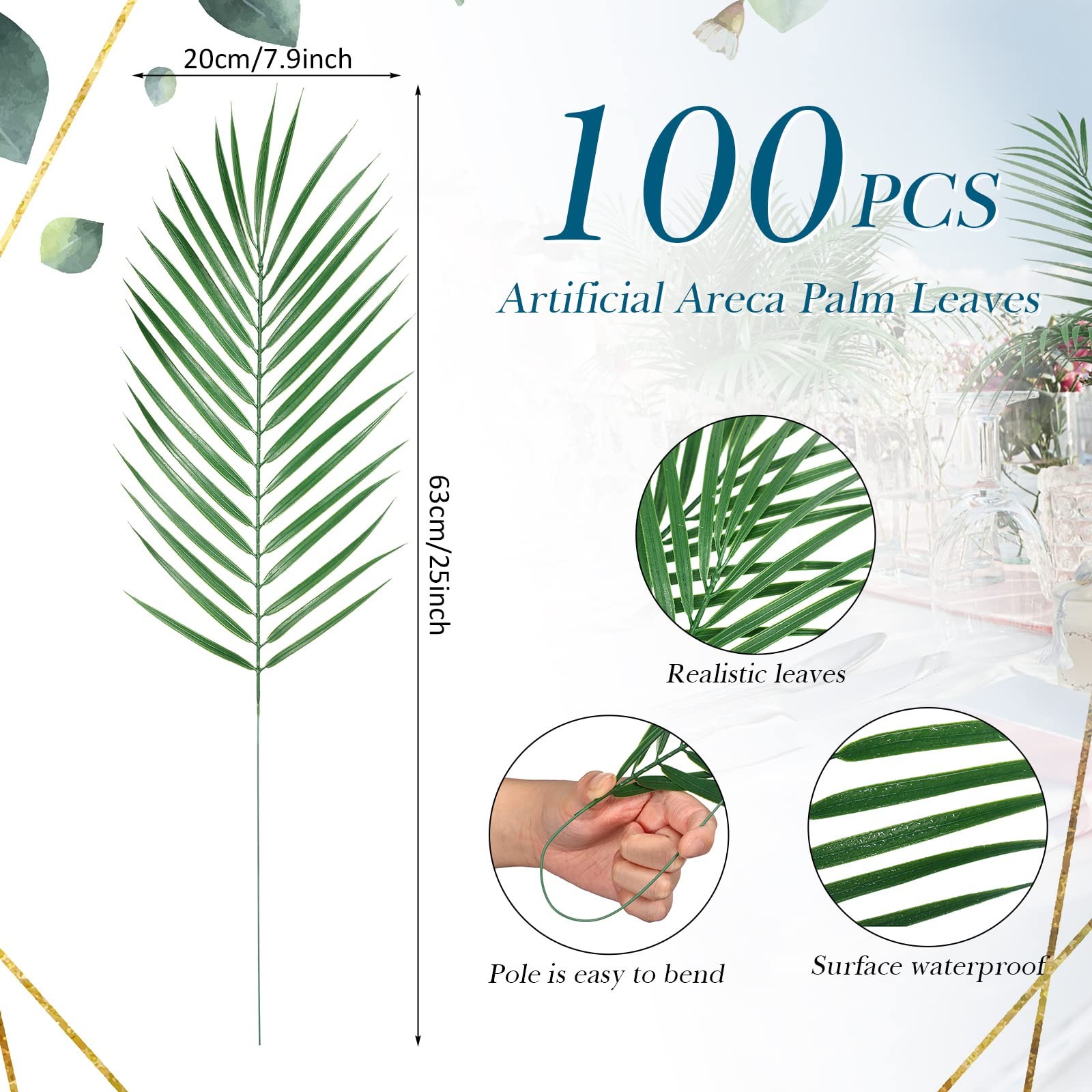 100 Pcs 25 Inch Artificial Palm Leaves Decor Large Tropical Faux Plants Plast…