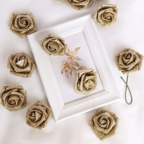 30 PCS Gold Glitter Foam Roses – Fake Flowers for Wedding, Home Decor, DIY Cente