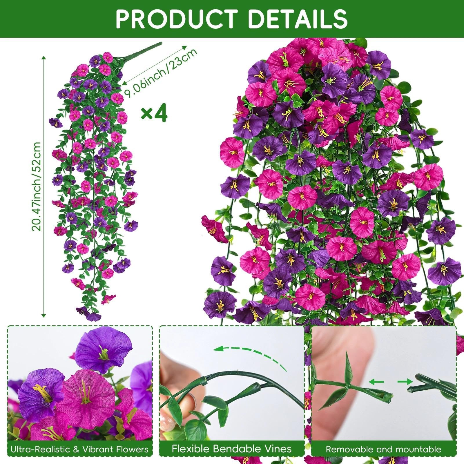 Artificial Hanging Flowers for Outdoors, 4Pcs UV Resistant Artificial Hanging…