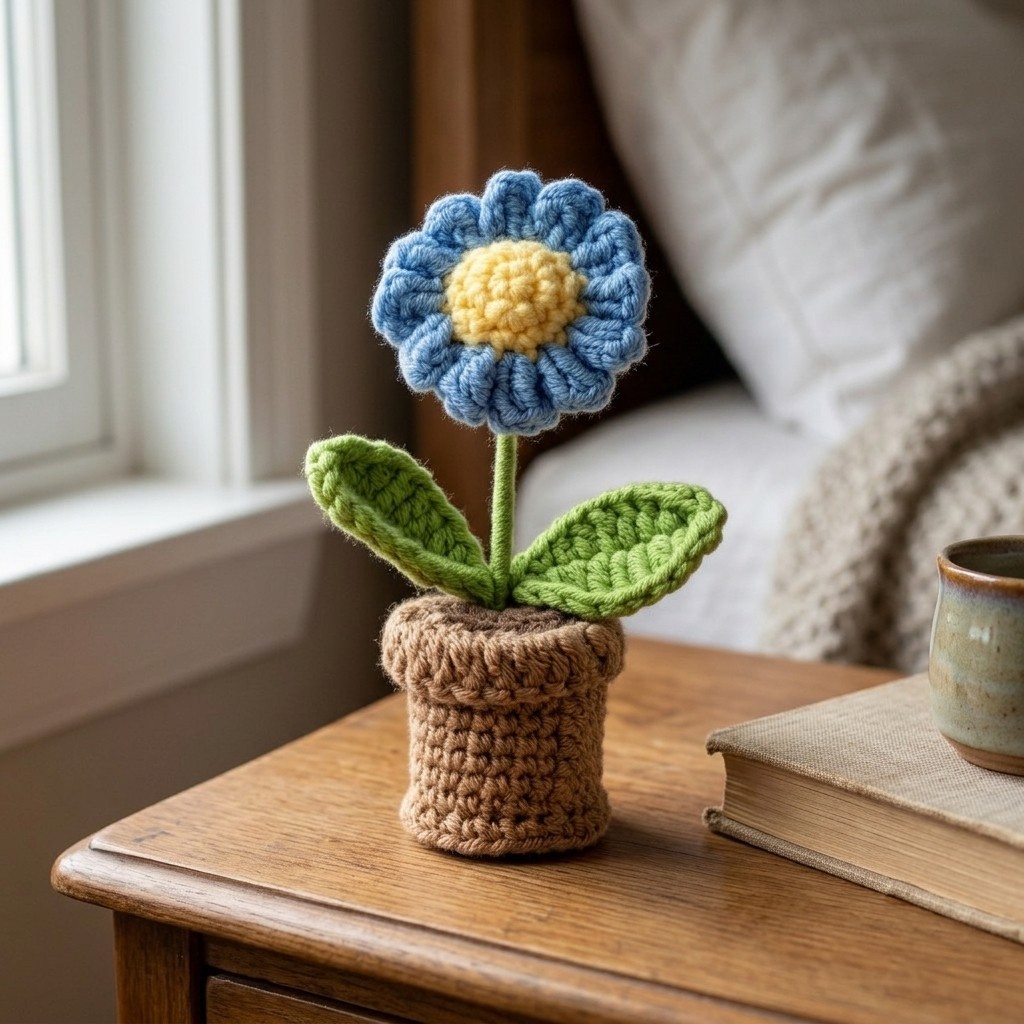 Handmade Crochet Daisy Potted Artificial Flower Desk Indoor Home Table Decor