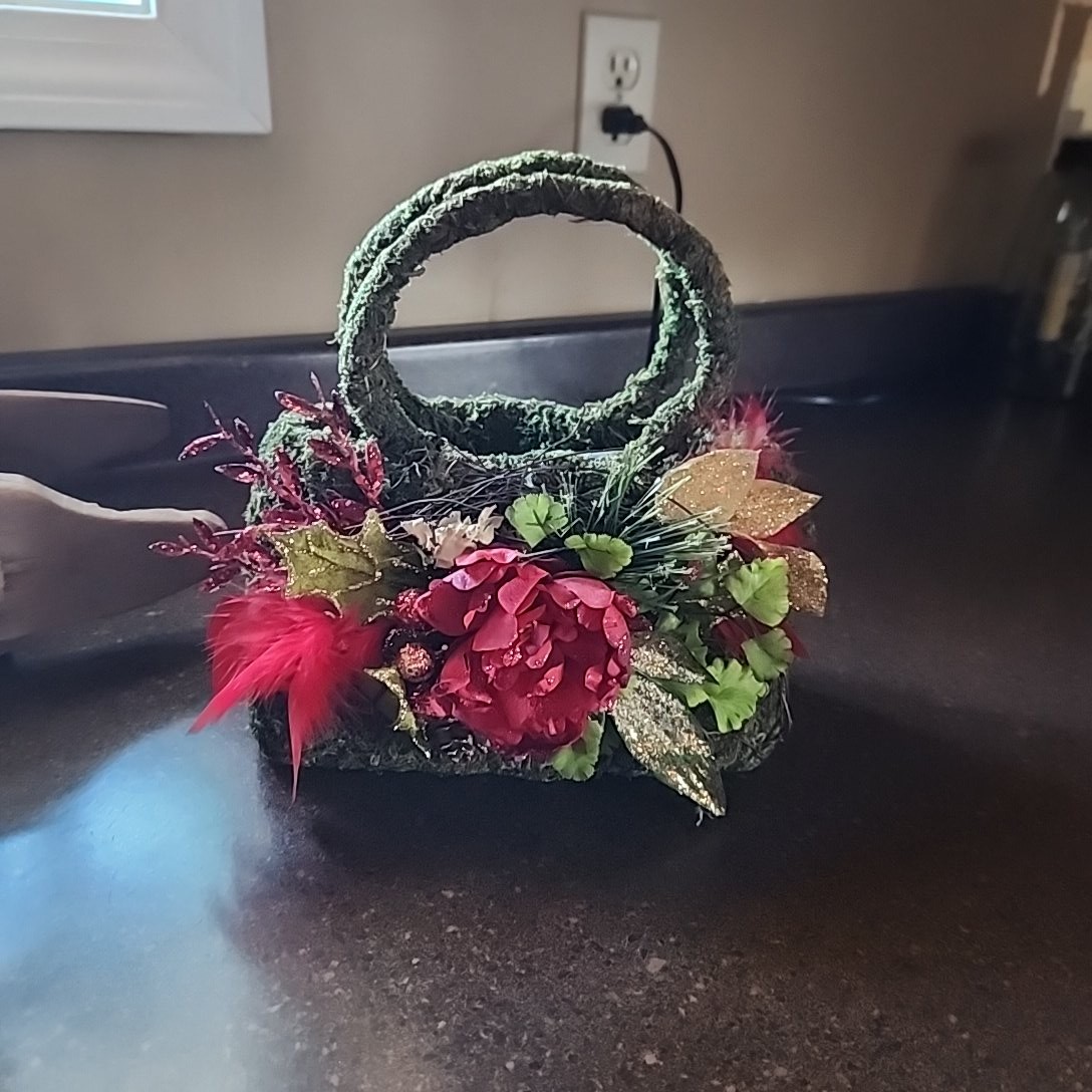 Moss Purse Basket display red floral display piece