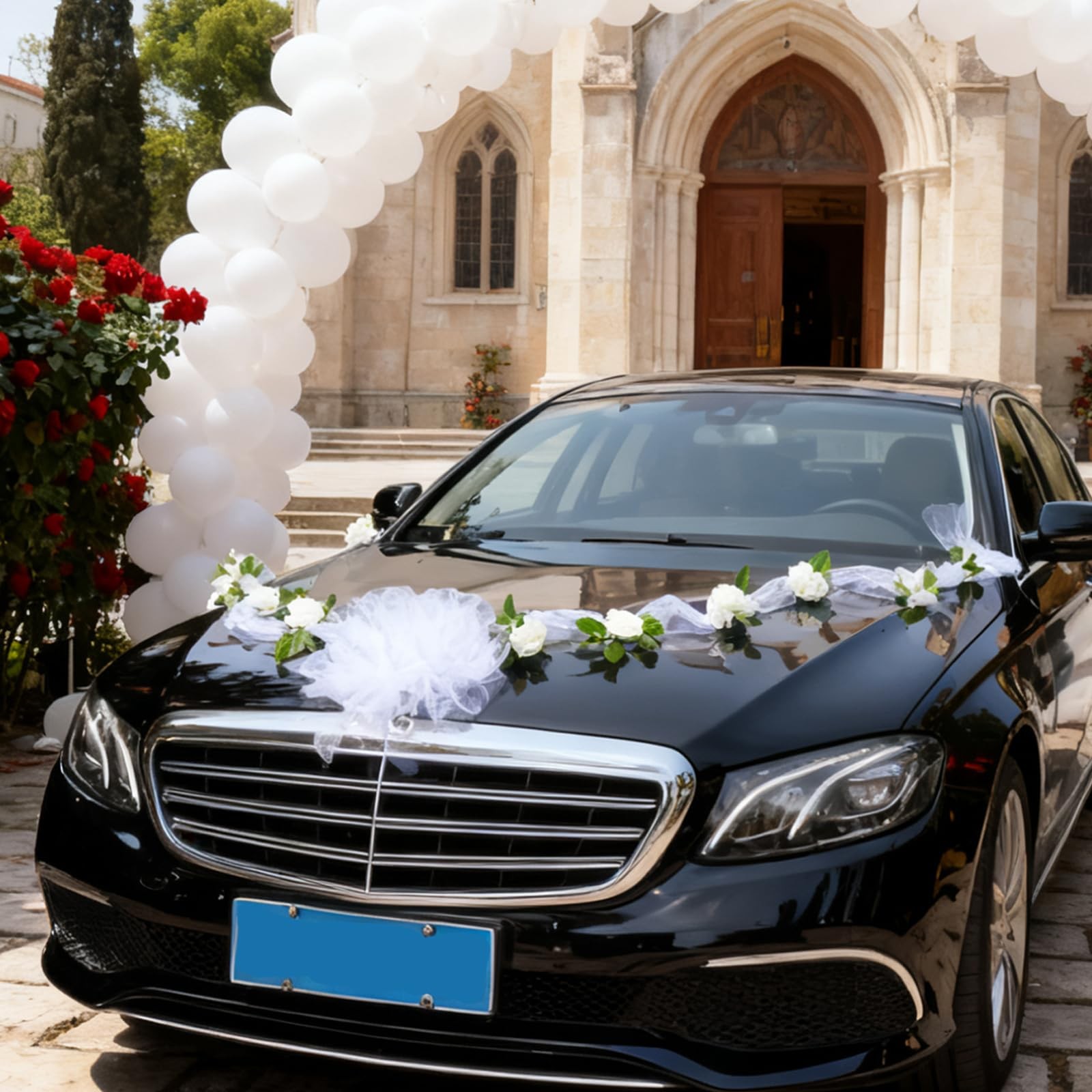 Wedding Car Decorations Artificial Flower Ball Bouquet White Yarn Tulle Ribbon