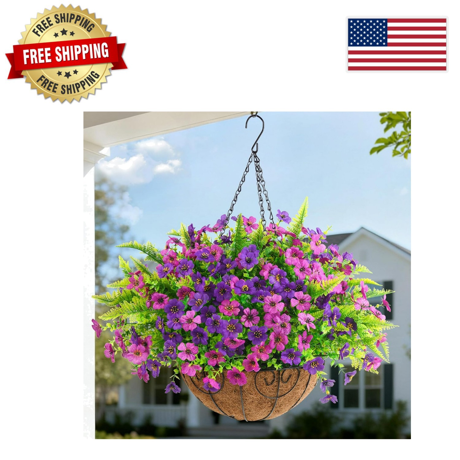 Multicolor Artificial Flower Hanging Basket – 12 Bundles with Ferns, Easy Decor
