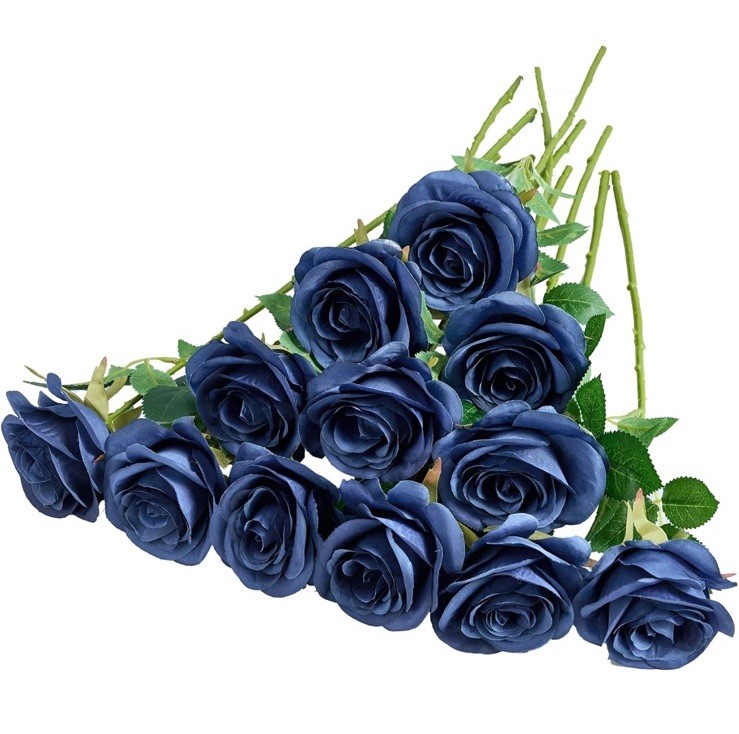24 pcs Blue Roses Artificial Flowers Fake Navy Blue Silk Roses Navy Faux Silk Ro