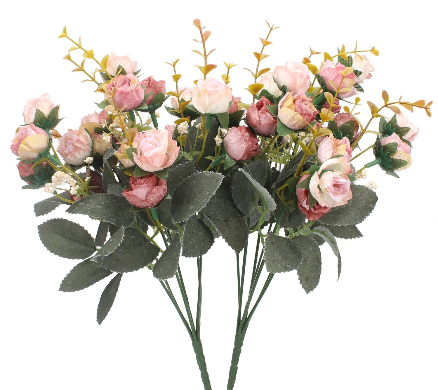 2 Pack 7 Branch 21 Mini Rose Heads Artificial Flowers Bouquet Wedding Pink