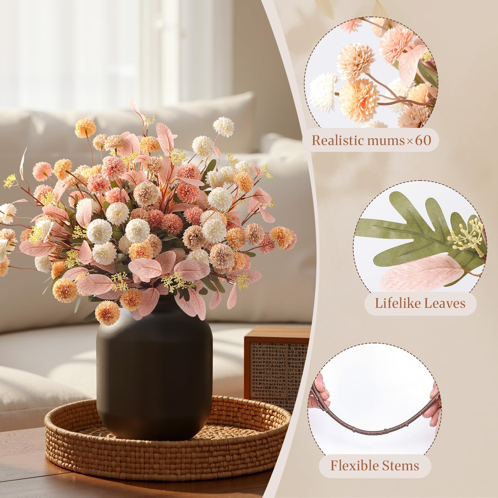 16 Pcs Faux Silk Mums with Eucalyptus, Fake Chrysanthemum for Vase