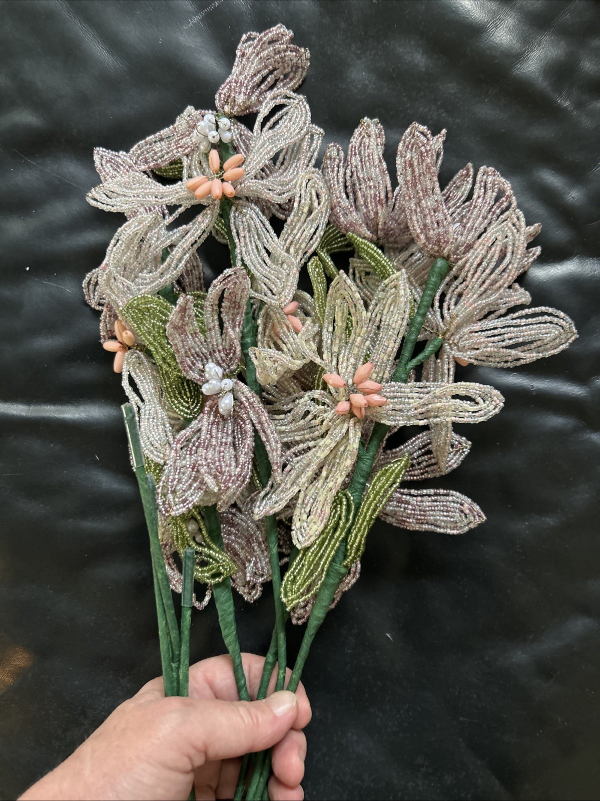 Lot Of 4 Stem French Glass Beaded LARGE Lily Flowers Bouquet Lavender & Pink 23”